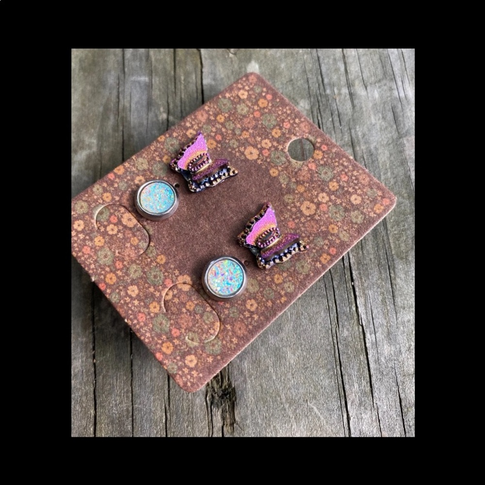 NEW Faux Druzy Stud Butterfly Earrings Set